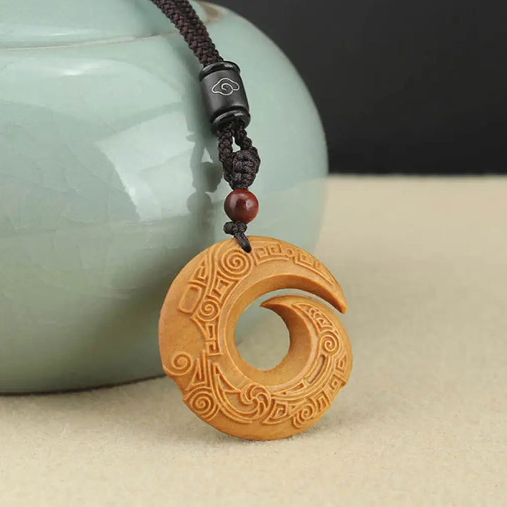 Buddha Stones Ebony Wood Sandalwood One’s Luck Improves Design Pattern Peace Necklace Pendant - BWOOOH - Sandalwood