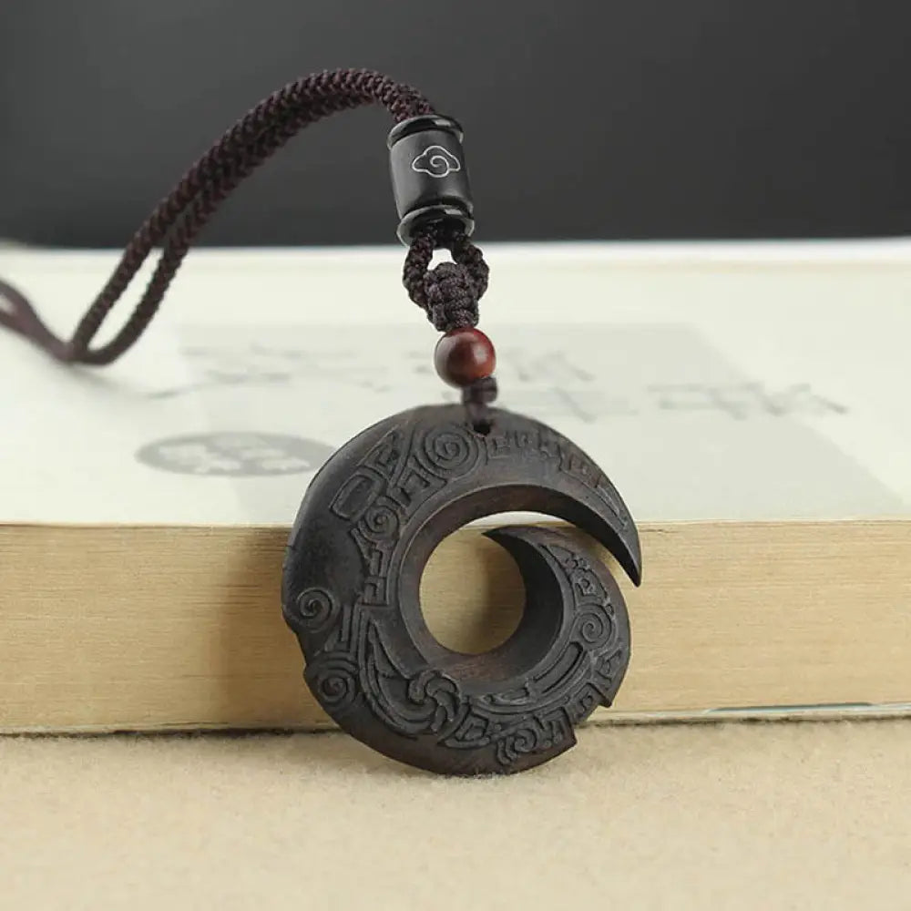 Buddha Stones Ebony Wood Sandalwood One’s Luck Improves Design Pattern Peace Necklace Pendant - BWOOOH - Ebony Wood