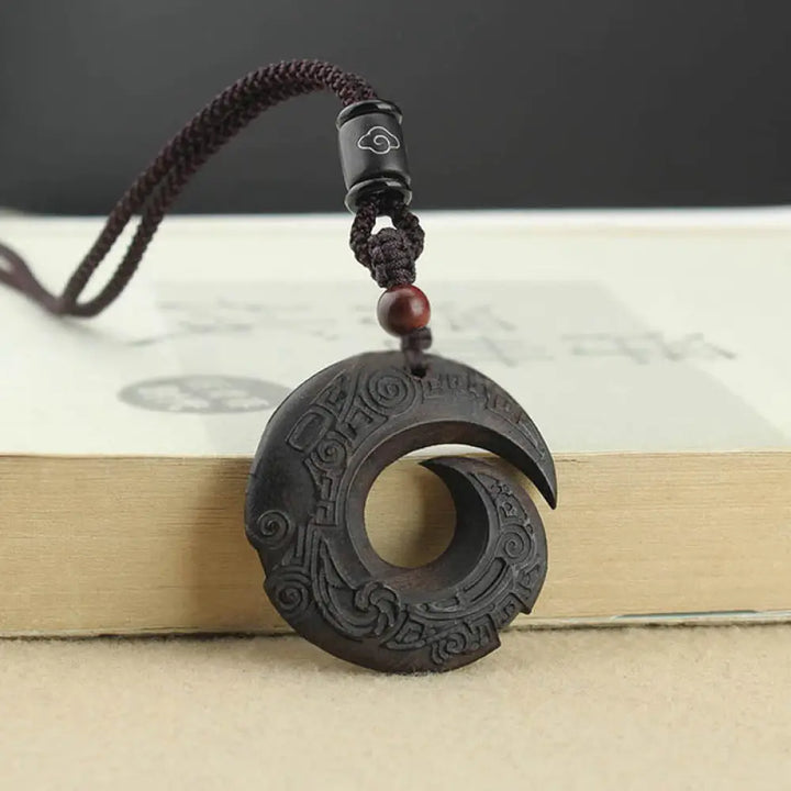 Buddha Stones Ebony Wood Sandalwood One’s Luck Improves Design Pattern Peace Necklace Pendant - BWOOOH - Ebony Wood