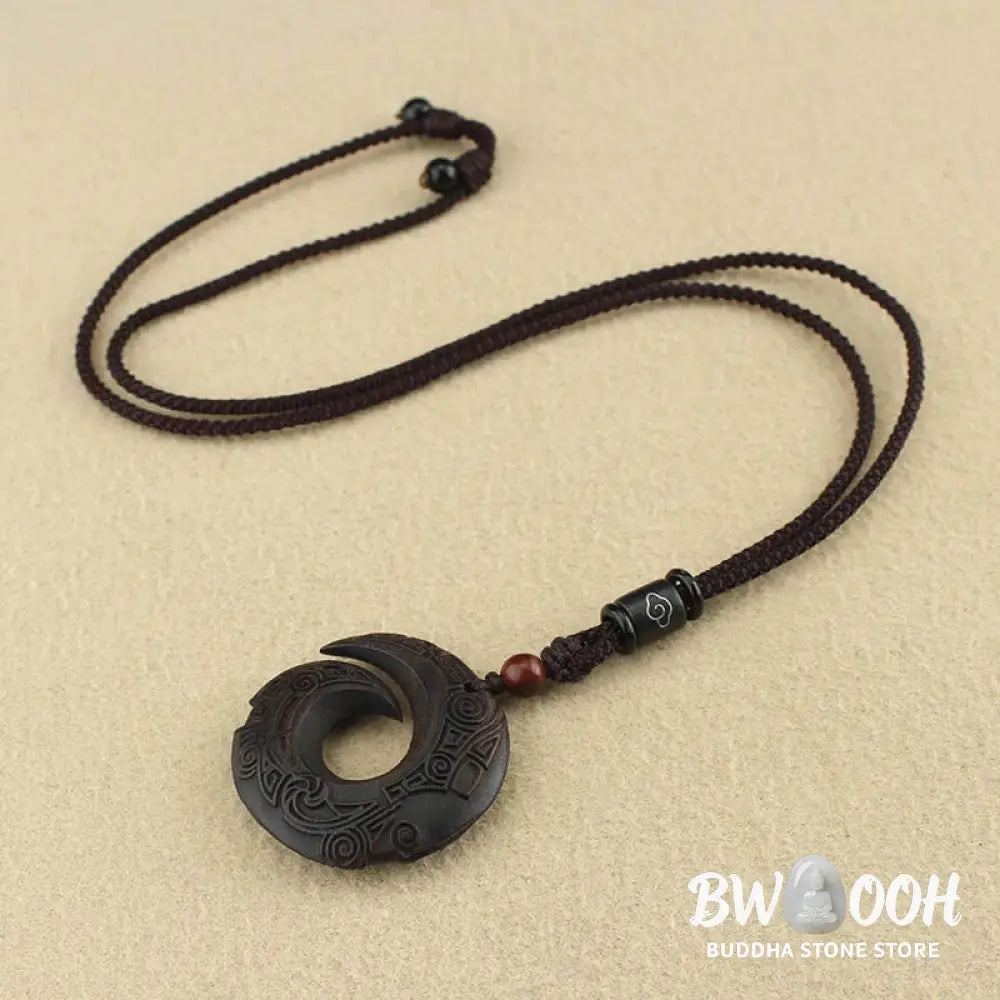 Buddha Stones Ebony Wood Sandalwood One’s Luck Improves Design Pattern Peace Necklace Pendant - BWOOOH - Necklaces &amp;