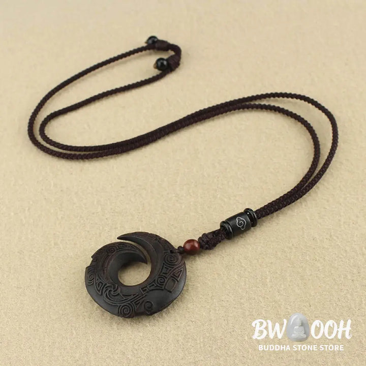 Buddha Stones Ebony Wood Sandalwood One’s Luck Improves Design Pattern Peace Necklace Pendant - BWOOOH - Necklaces &amp;