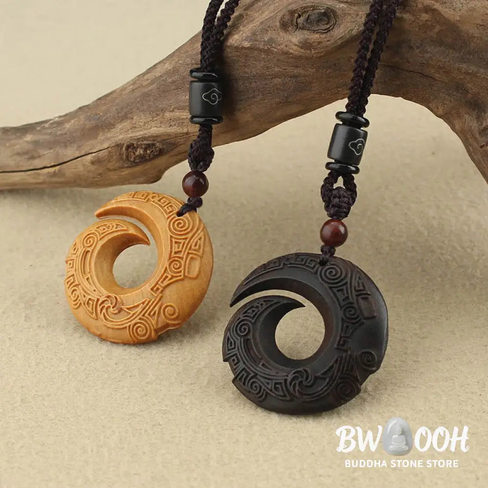 Buddha Stones Ebony Wood Sandalwood One’s Luck Improves Design Pattern Peace Necklace Pendant - BWOOOH - Necklaces &amp;