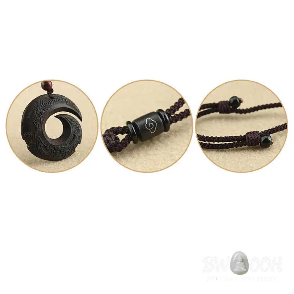 Buddha Stones Ebony Wood Sandalwood One’s Luck Improves Design Pattern Peace Necklace Pendant - BWOOOH - Necklaces &amp;