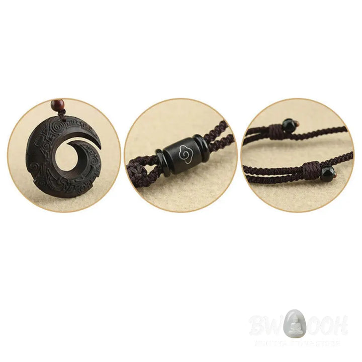 Buddha Stones Ebony Wood Sandalwood One’s Luck Improves Design Pattern Peace Necklace Pendant - BWOOOH - Necklaces &amp;