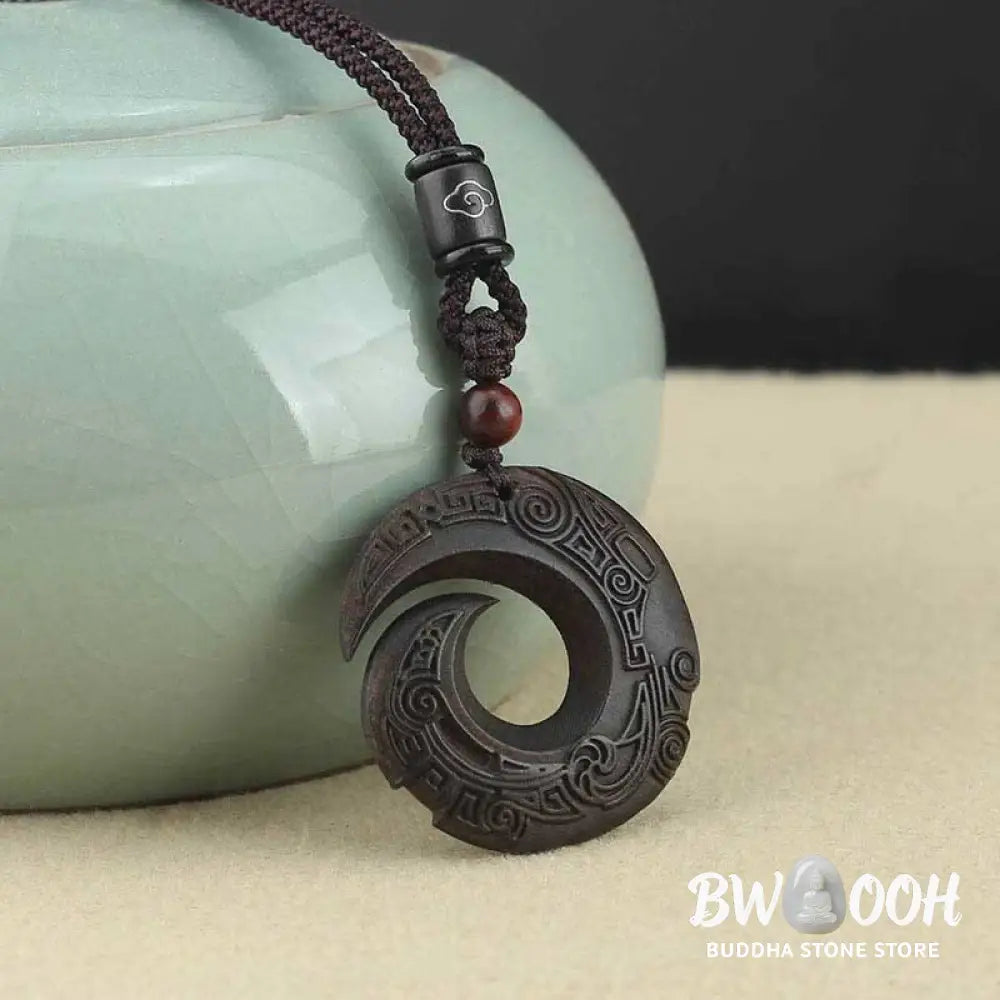 Buddha Stones Ebony Wood Sandalwood One’s Luck Improves Design Pattern Peace Necklace Pendant - BWOOOH - Necklaces &amp;
