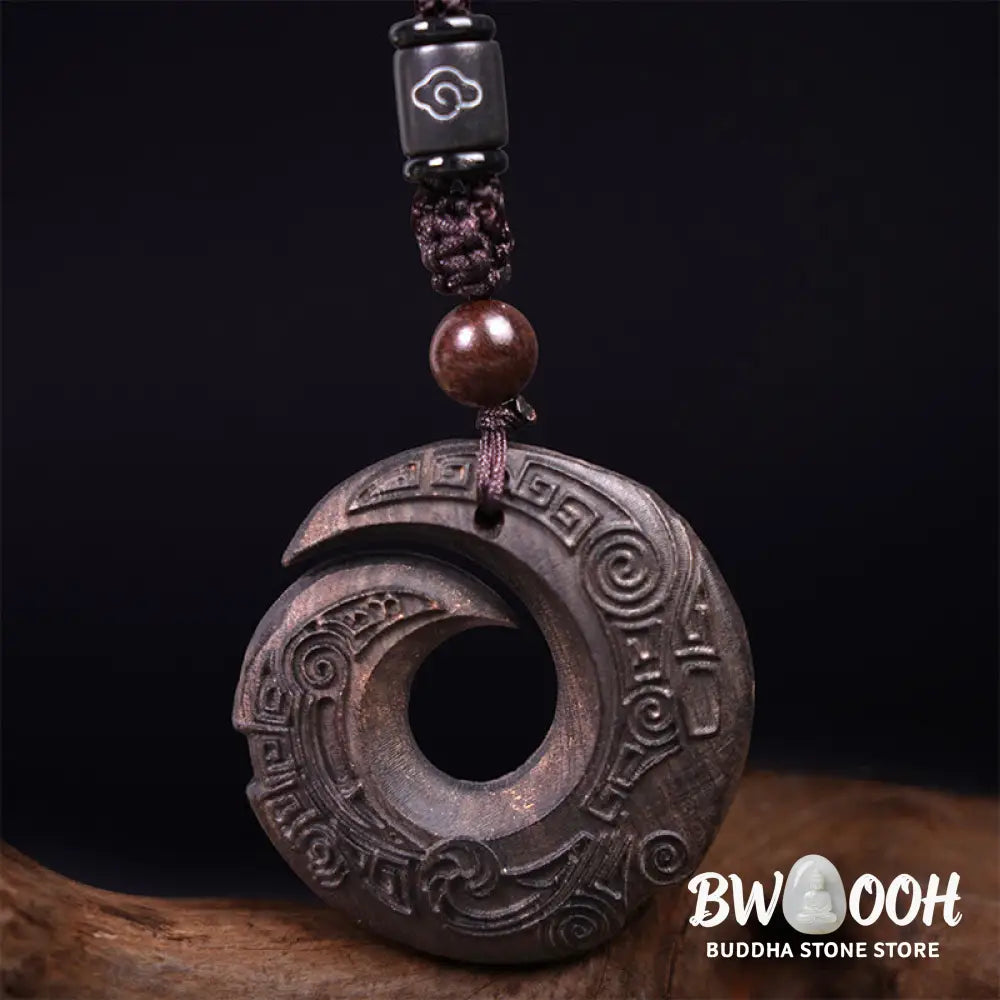 Buddha Stones Ebony Wood Sandalwood One’s Luck Improves Design Pattern Peace Necklace Pendant - BWOOOH - Necklaces &amp;