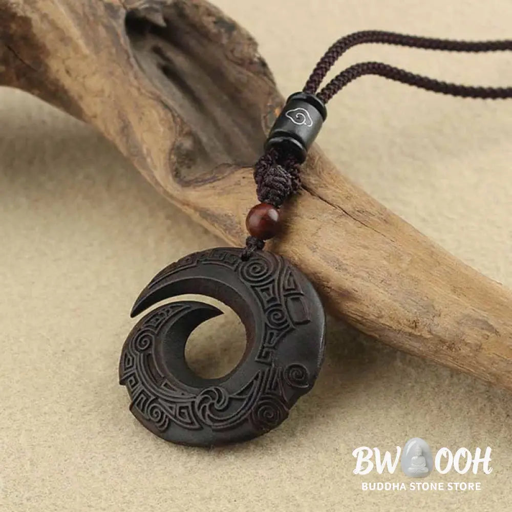 Buddha Stones Ebony Wood Sandalwood One’s Luck Improves Design Pattern Peace Necklace Pendant - BWOOOH - Necklaces &amp;