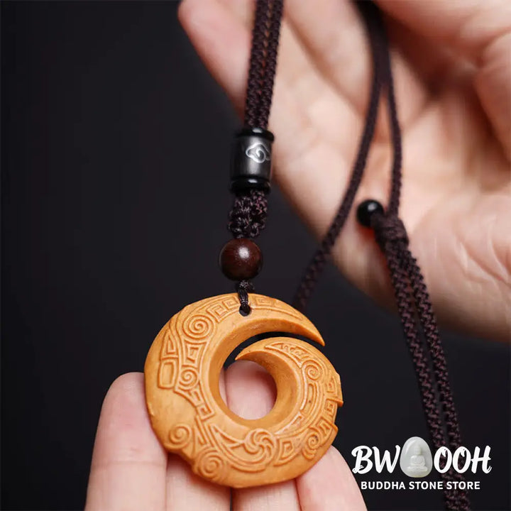 Buddha Stones Ebony Wood Sandalwood One’s Luck Improves Design Pattern Peace Necklace Pendant - BWOOOH - Necklaces &amp;