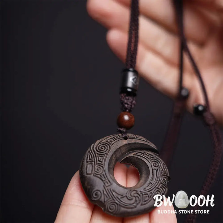 Buddha Stones Ebony Wood Sandalwood One’s Luck Improves Design Pattern Peace Necklace Pendant - BWOOOH - Necklaces &amp;