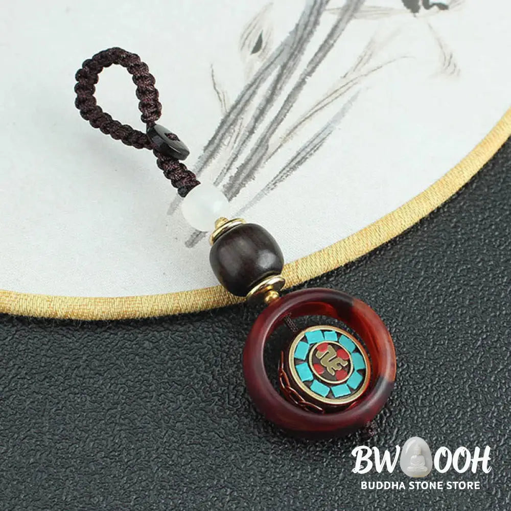 Buddha Stones Ebony Wood Sanskrit Four-leaf Clover Buddha’s Eye Peace Rotatable Key Chain - Key Chain