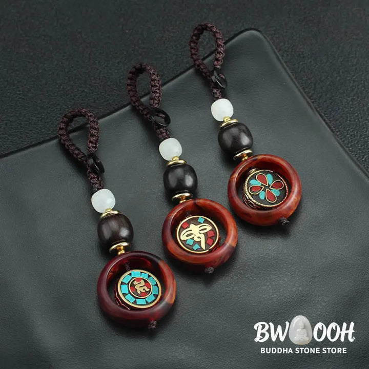 Buddha Stones Ebony Wood Sanskrit Four-leaf Clover Buddha’s Eye Peace Rotatable Key Chain - Key Chain