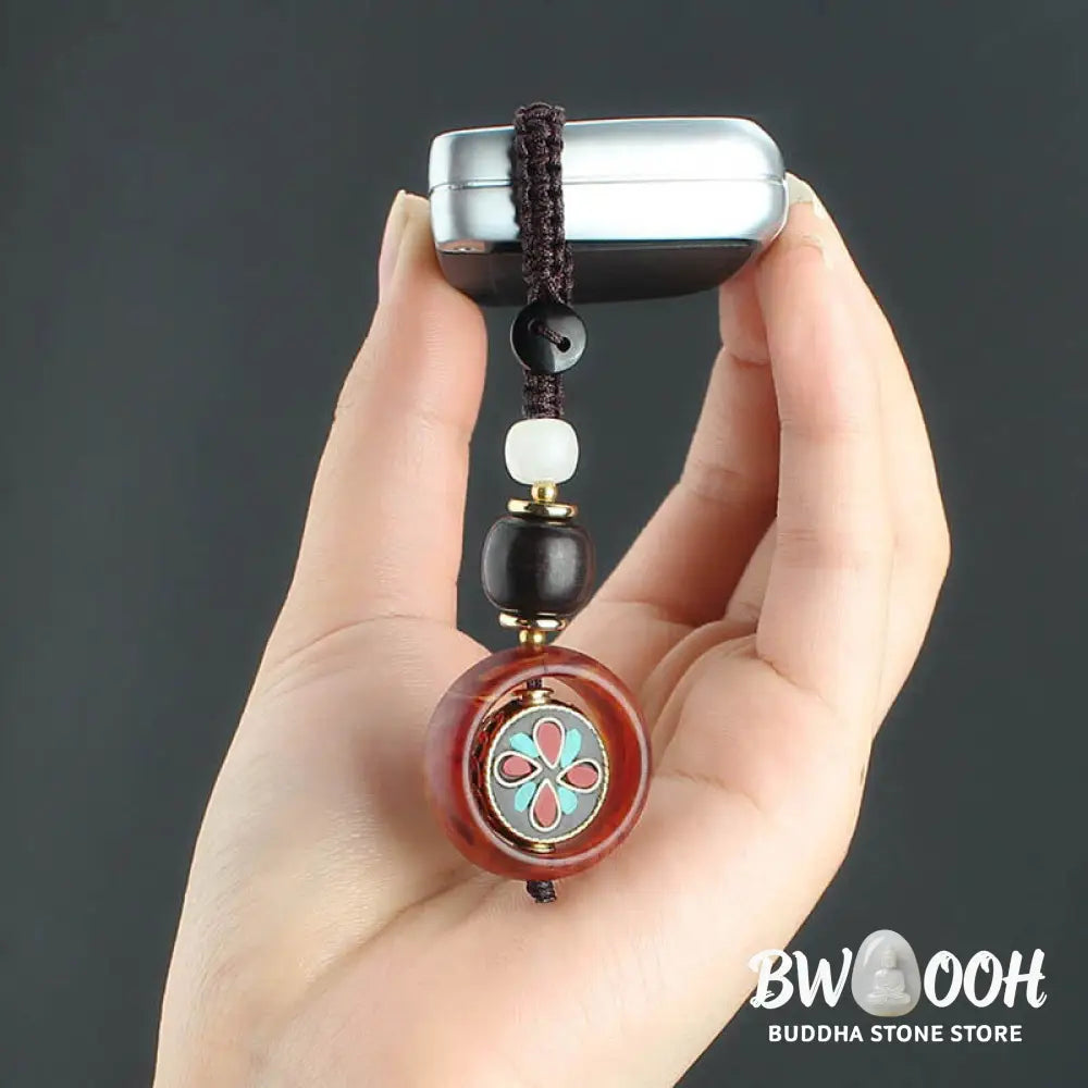 Buddha Stones Ebony Wood Sanskrit Four-leaf Clover Buddha’s Eye Peace Rotatable Key Chain - Key Chain
