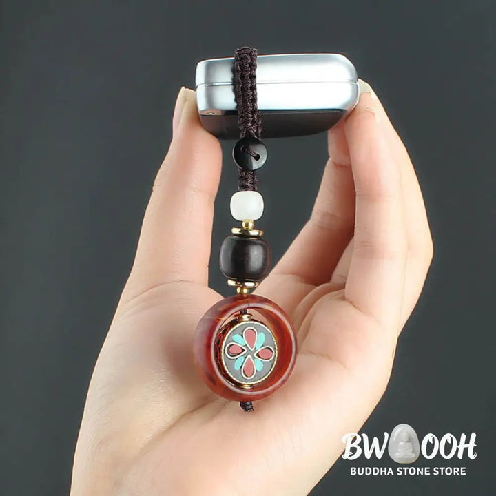 Buddha Stones Ebony Wood Sanskrit Four-leaf Clover Buddha’s Eye Peace Rotatable Key Chain - Key Chain