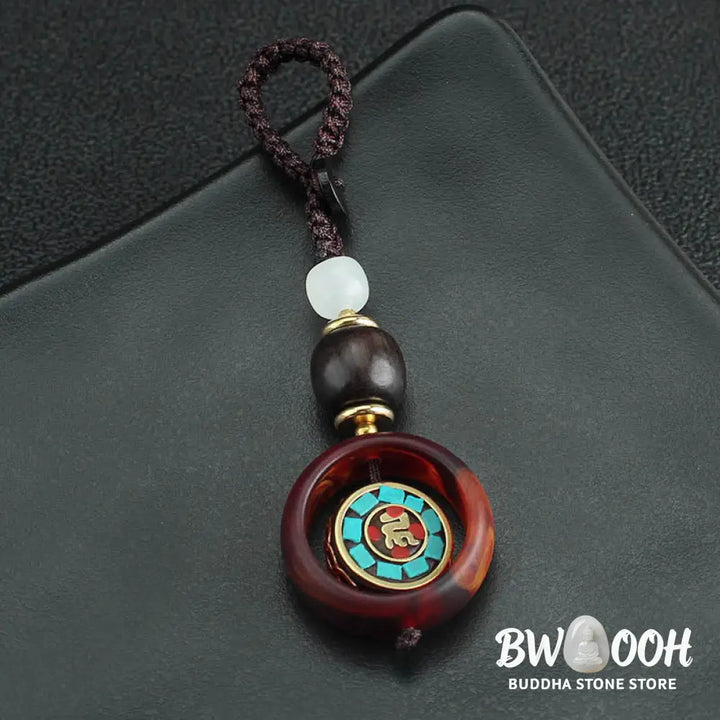 Buddha Stones Ebony Wood Sanskrit Four-leaf Clover Buddha’s Eye Peace Rotatable Key Chain - Key Chain