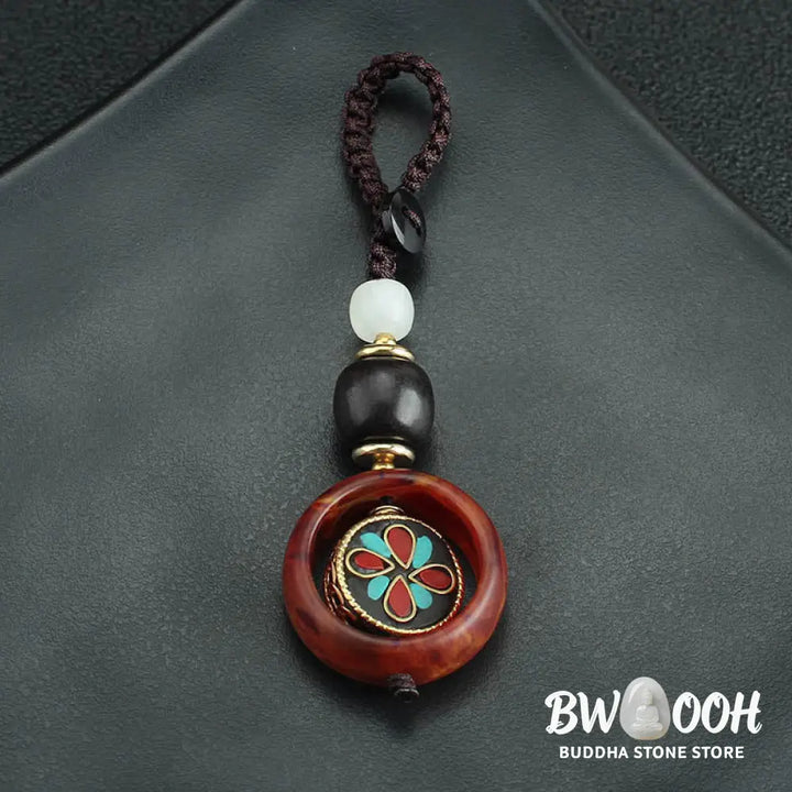 Buddha Stones Ebony Wood Sanskrit Four-leaf Clover Buddha’s Eye Peace Rotatable Key Chain - Key Chain