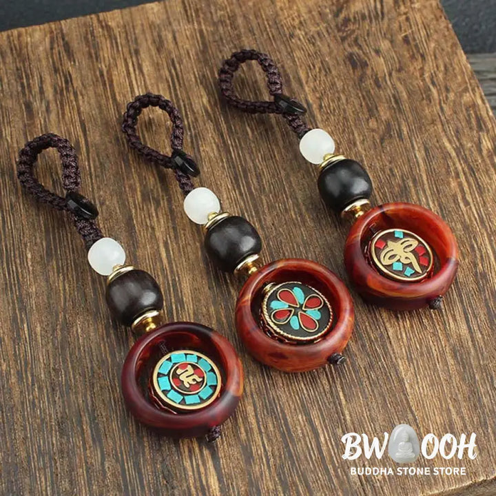 Buddha Stones Ebony Wood Sanskrit Four-leaf Clover Buddha’s Eye Peace Rotatable Key Chain - Key Chain