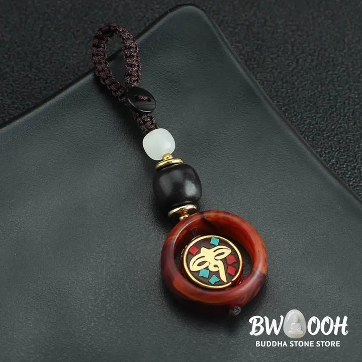 Buddha Stones Ebony Wood Sanskrit Four-leaf Clover Buddha’s Eye Peace Rotatable Key Chain - Key Chain