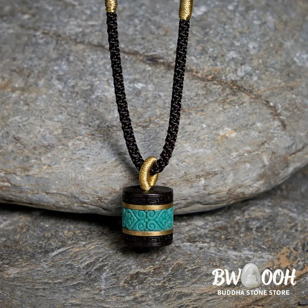 Buddha Stones Ebony Wood Turquoise Cylinder Peace Necklace Pendant - BWOOOH - Ebony Wood - Necklaces & Pendants