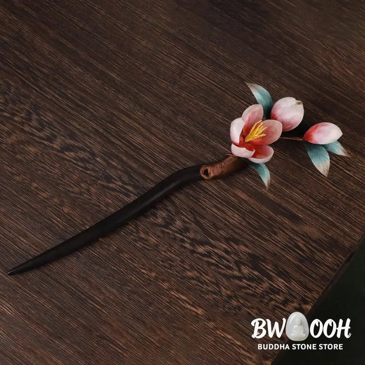Buddha Stones Ebony Wood Velvet Flower Calm Hairpin - Ebony Wood Velvet Flower - Hairpin