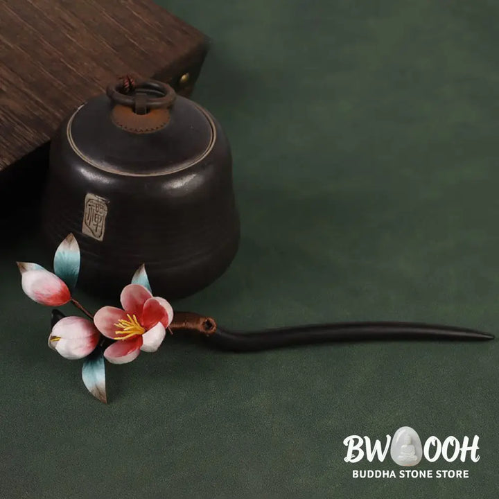 Buddha Stones Ebony Wood Velvet Flower Calm Hairpin - Ebony Wood Velvet Flower - Hairpin