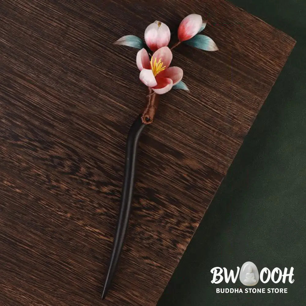 Buddha Stones Ebony Wood Velvet Flower Calm Hairpin - Ebony Wood Velvet Flower - Hairpin