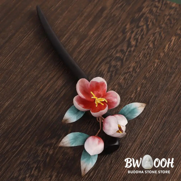 Buddha Stones Ebony Wood Velvet Flower Calm Hairpin - Ebony Wood Velvet Flower - Hairpin