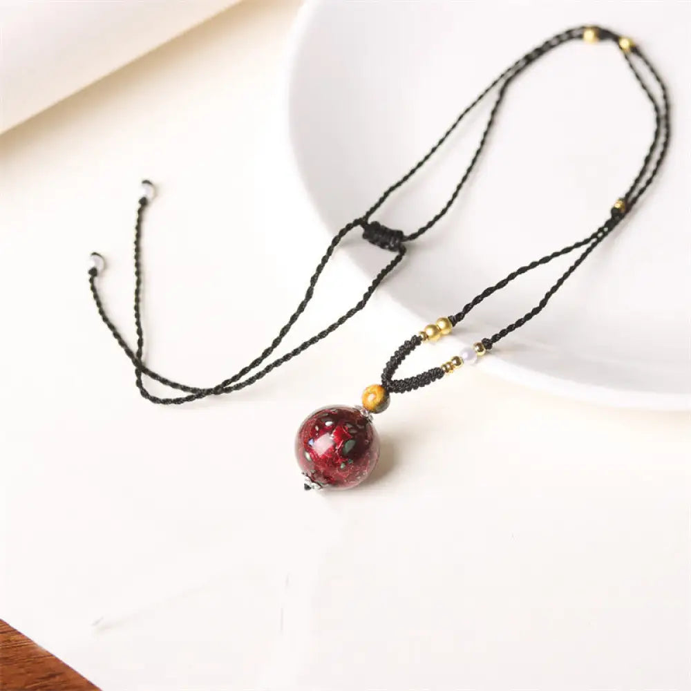 Buddha Stones Ebony Wood Venus Aurora Bead Lacquer Craft Peace Necklace Pendant - BWOOOH - Red(Random Red) - Necklaces