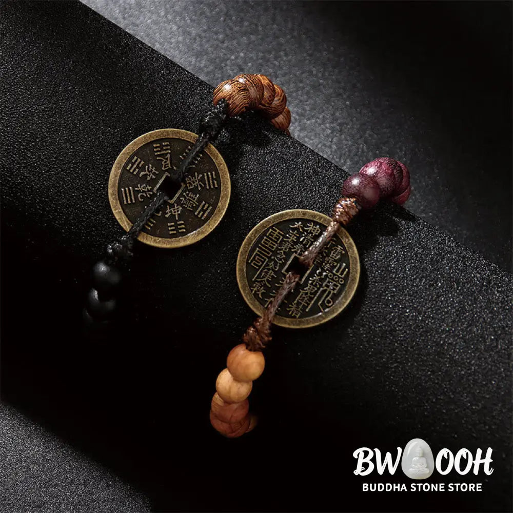 Buddha Stones Ebony Wood Wenge Wood Mountain Ghosts Spend Money Bagua Copper Coin Peace Bracelet - Bracelet