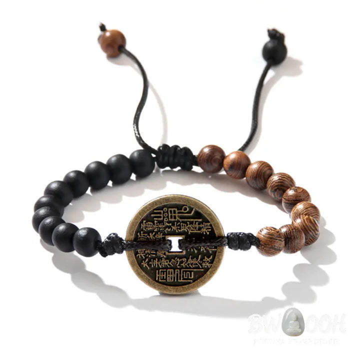 Buddha Stones Ebony Wood Wenge Wood Mountain Ghosts Spend Money Bagua Copper Coin Peace Bracelet - Bracelet