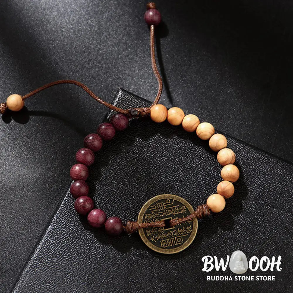 Buddha Stones Ebony Wood Wenge Wood Mountain Ghosts Spend Money Bagua Copper Coin Peace Bracelet - Bracelet