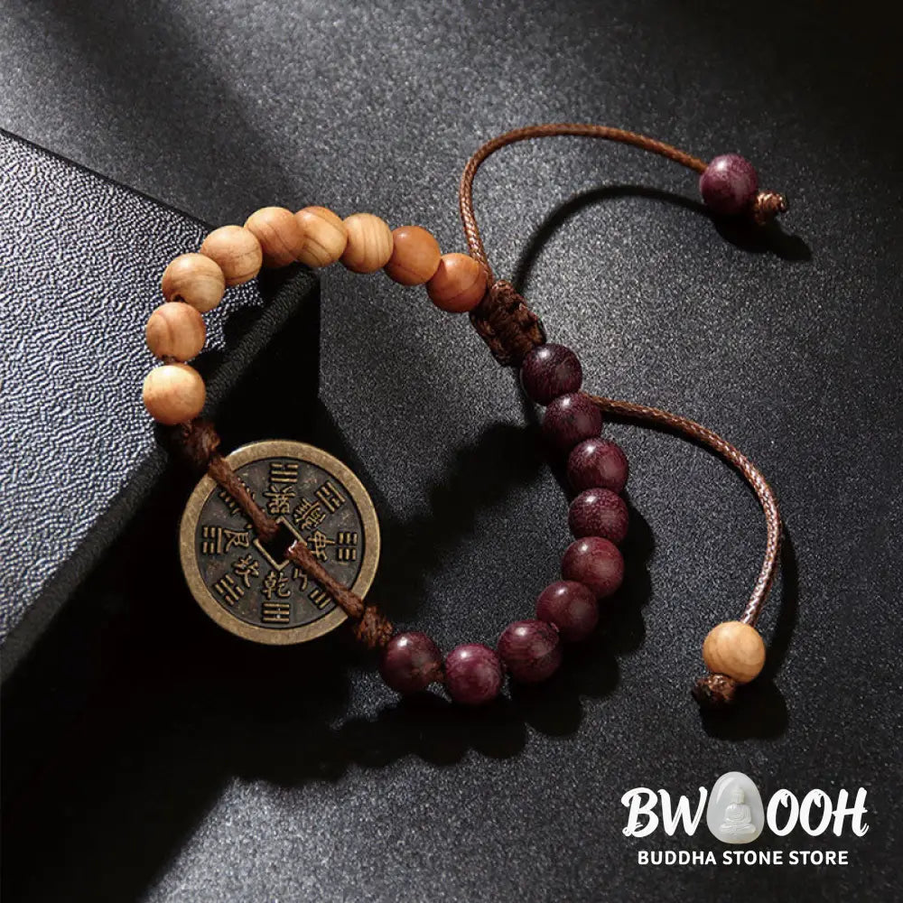 Buddha Stones Ebony Wood Wenge Wood Mountain Ghosts Spend Money Bagua Copper Coin Peace Bracelet - Bracelet