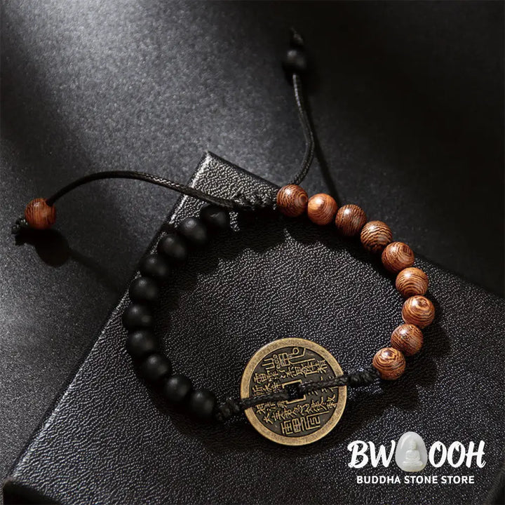Buddha Stones Ebony Wood Wenge Wood Mountain Ghosts Spend Money Bagua Copper Coin Peace Bracelet - Bracelet