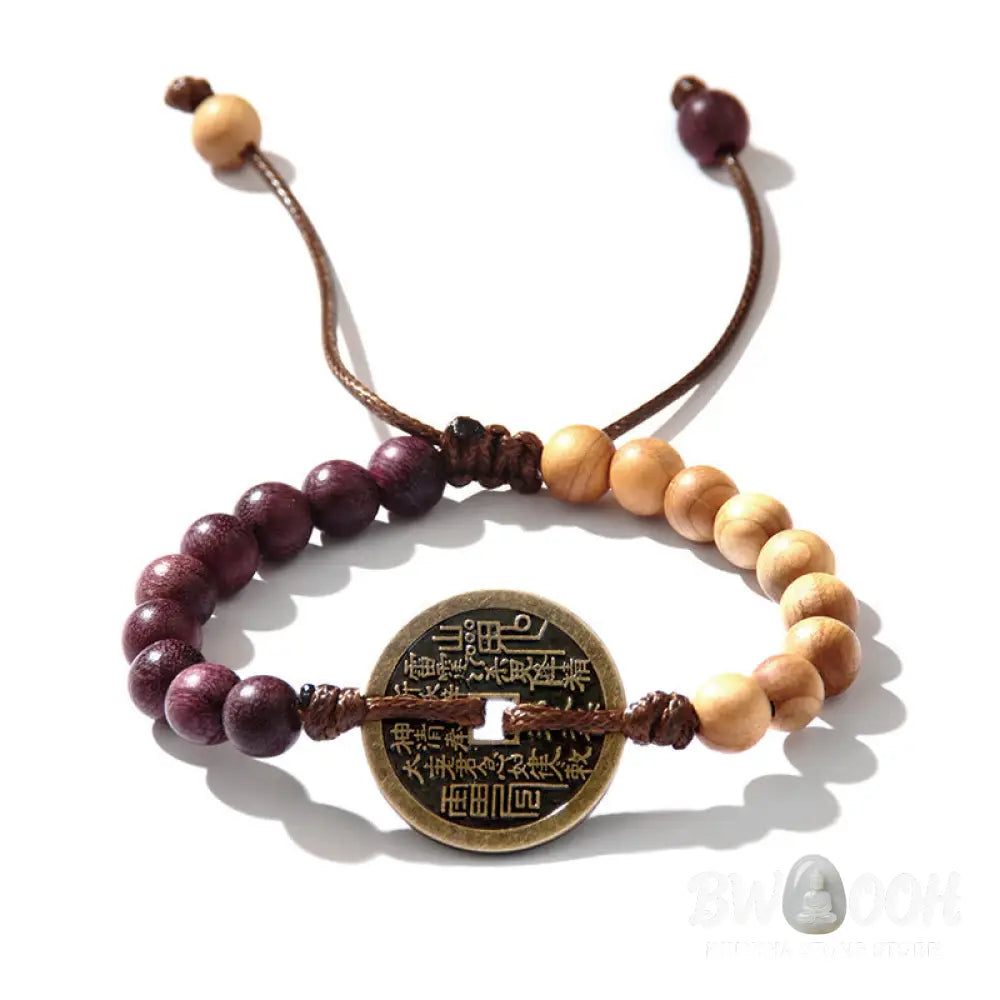 Buddha Stones Ebony Wood Wenge Wood Mountain Ghosts Spend Money Bagua Copper Coin Peace Bracelet - Bracelet