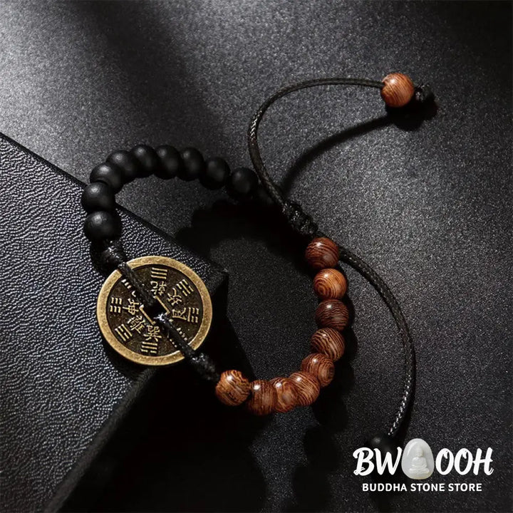 Buddha Stones Ebony Wood Wenge Wood Mountain Ghosts Spend Money Bagua Copper Coin Peace Bracelet - Bracelet