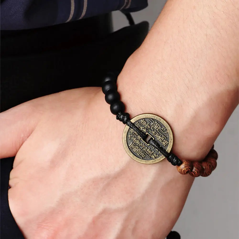 BWOOOH Ebony Wood Wenge Wood Mountain Ghosts Spend Money Bagua Copper Coin Peace Bracelet - Black Rope(Wrist