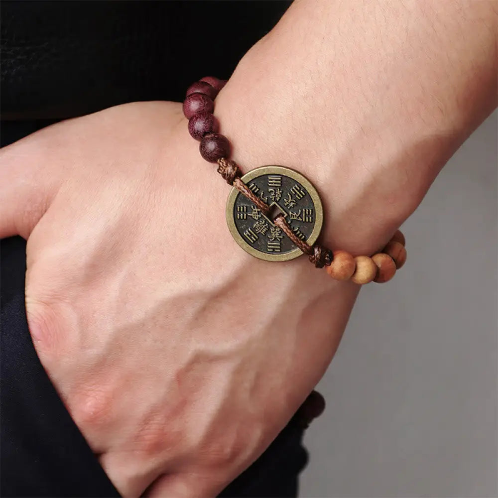 Buddha Stones Ebony Wood Wenge Wood Mountain Ghosts Spend Money Bagua Copper Coin Peace Bracelet - Brown Rope(Wrist