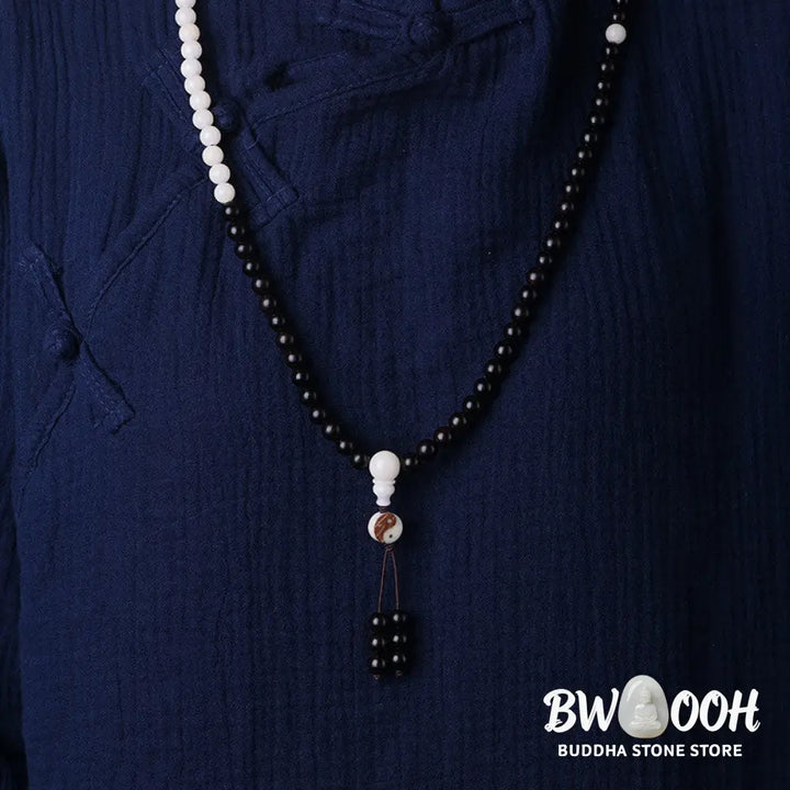 BWOOOH Ebony YinYang Protection Necklace Mala featuring 8mm Ebony and Bodhi Seed beads, designed for spiritual balance, protection, and focused meditation. - View 4