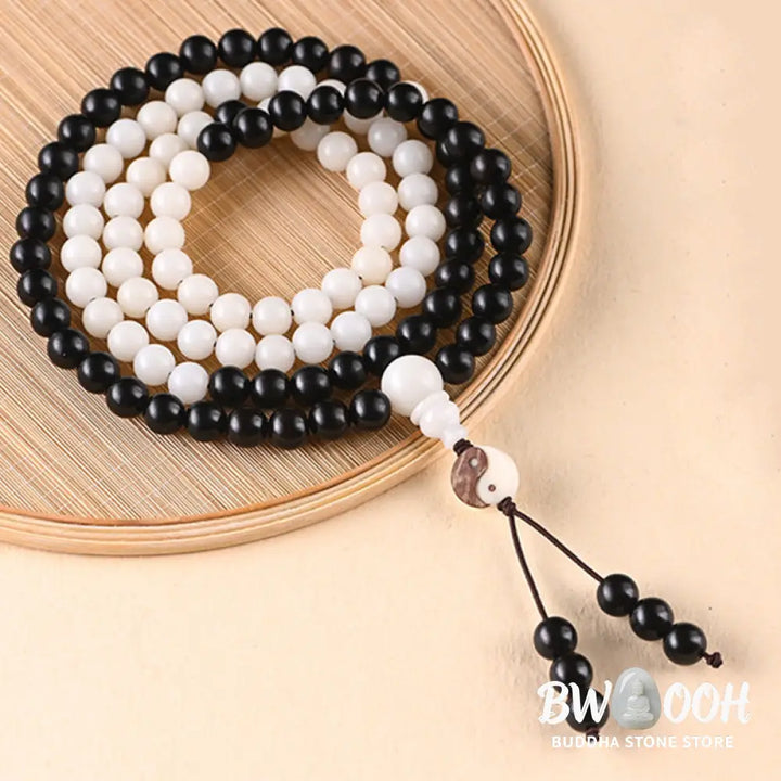 BWOOOH Ebony YinYang Protection Necklace Mala featuring 8mm Ebony and Bodhi Seed beads, designed for spiritual balance, protection, and focused meditation. - View 6