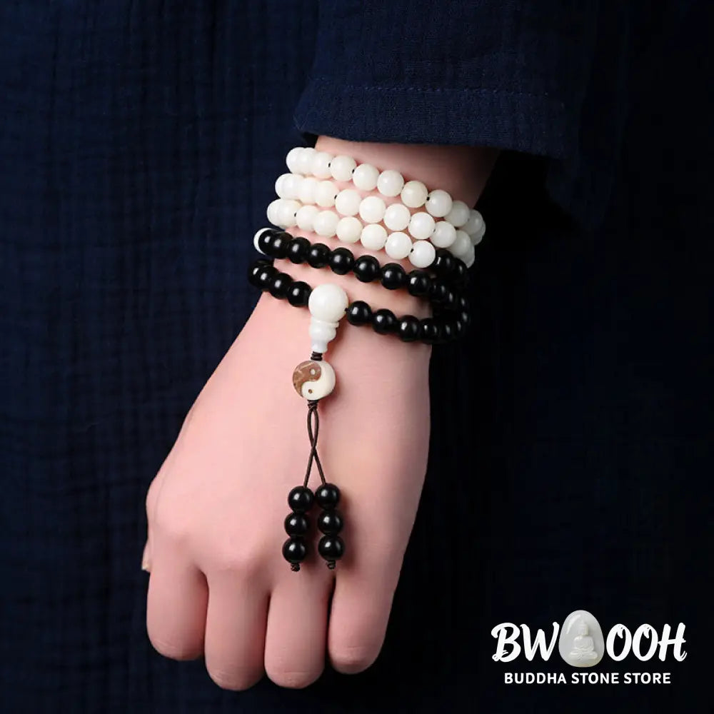 BWOOOH Ebony YinYang Protection Necklace Mala featuring 8mm Ebony and Bodhi Seed beads, designed for spiritual balance, protection, and focused meditation. - View 2