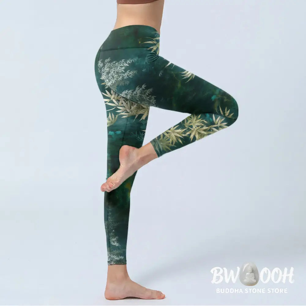 Buddha Stones Elegant Bamboo Leaf Pattern Print Gym Leggings Women&