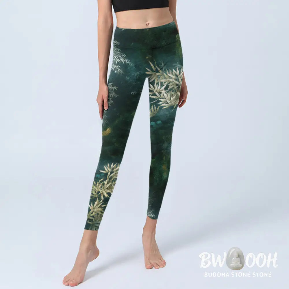 Buddha Stones Elegant Bamboo Leaf Pattern Print Gym Leggings Women&