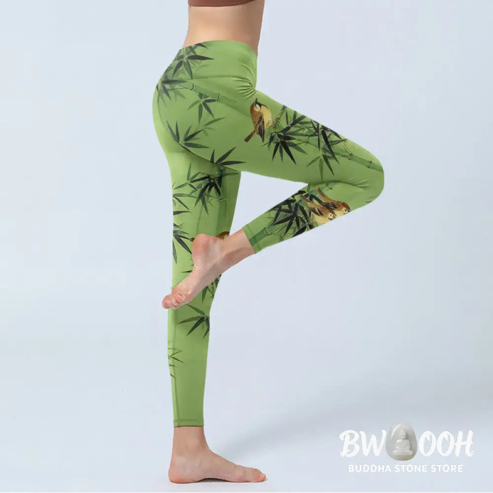 Buddha Stones Elegant Bird Bamboo Leaf Pattern Print Gym Leggings Women&