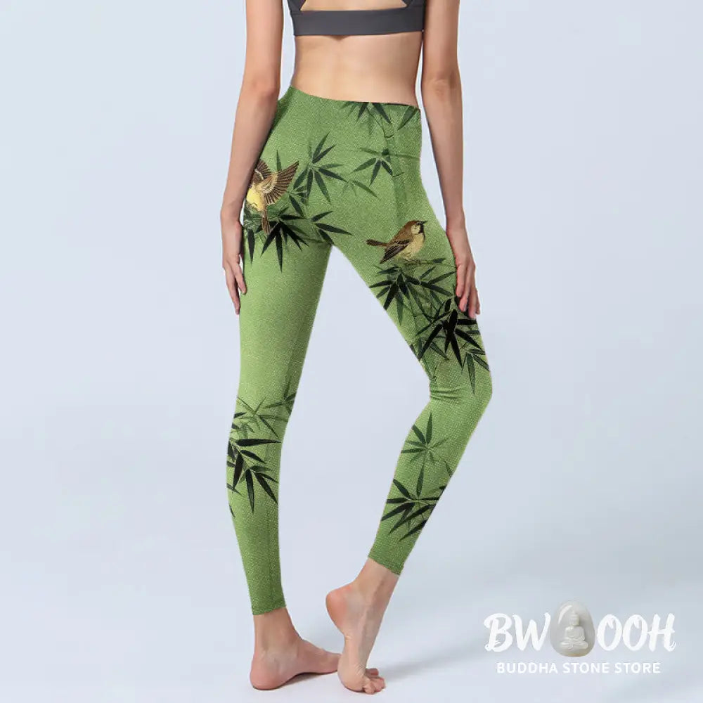 Buddha Stones Elegant Bird Bamboo Leaf Pattern Print Gym Leggings Women&