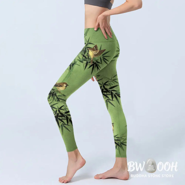 Buddha Stones Elegant Bird Bamboo Leaf Pattern Print Gym Leggings Women&