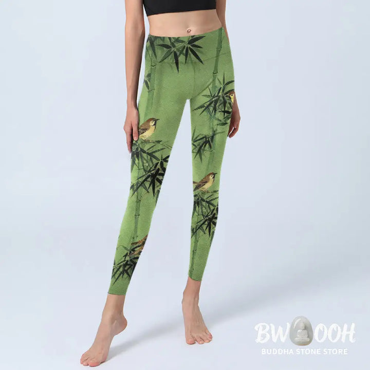 Buddha Stones Elegant Bird Bamboo Leaf Pattern Print Gym Leggings Women&