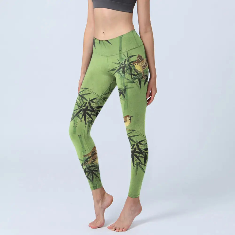 BWOOOH printed yoga leggings - Elegant Bird Bamboo Leaf Pattern Print G