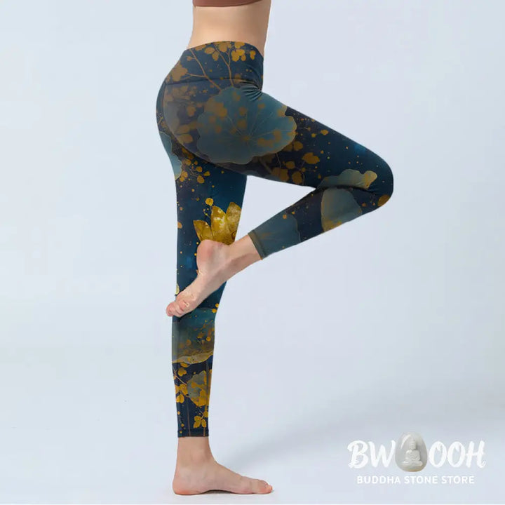 BWOOOH lotus print yoga leggings - Elegant Dignified Lotus Flower Leaf Spot