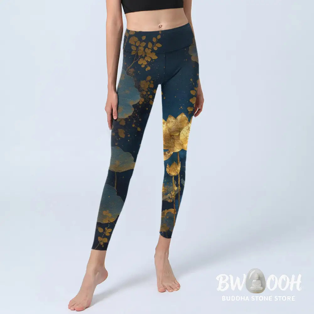 BWOOOH lotus print yoga leggings - Elegant Dignified Lotus Flower Leaf Spot