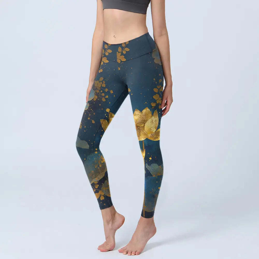 BWOOOH lotus print yoga leggings - Elegant Dignified Lotus Flower Leaf Spot