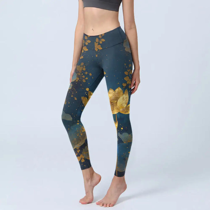 BWOOOH lotus print yoga leggings - Elegant Dignified Lotus Flower Leaf Spot